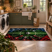 Red and Blue Midfield Football Area Rug styled in a modern laundry room