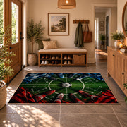Red and Blue Midfield Football Area Rug styled in a welcoming entryway