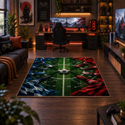 Red and Blue Midfield Football Area Rug styled in a gaming room