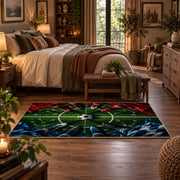 Red and Blue Midfield Football Area Rug styled in a main bedroom