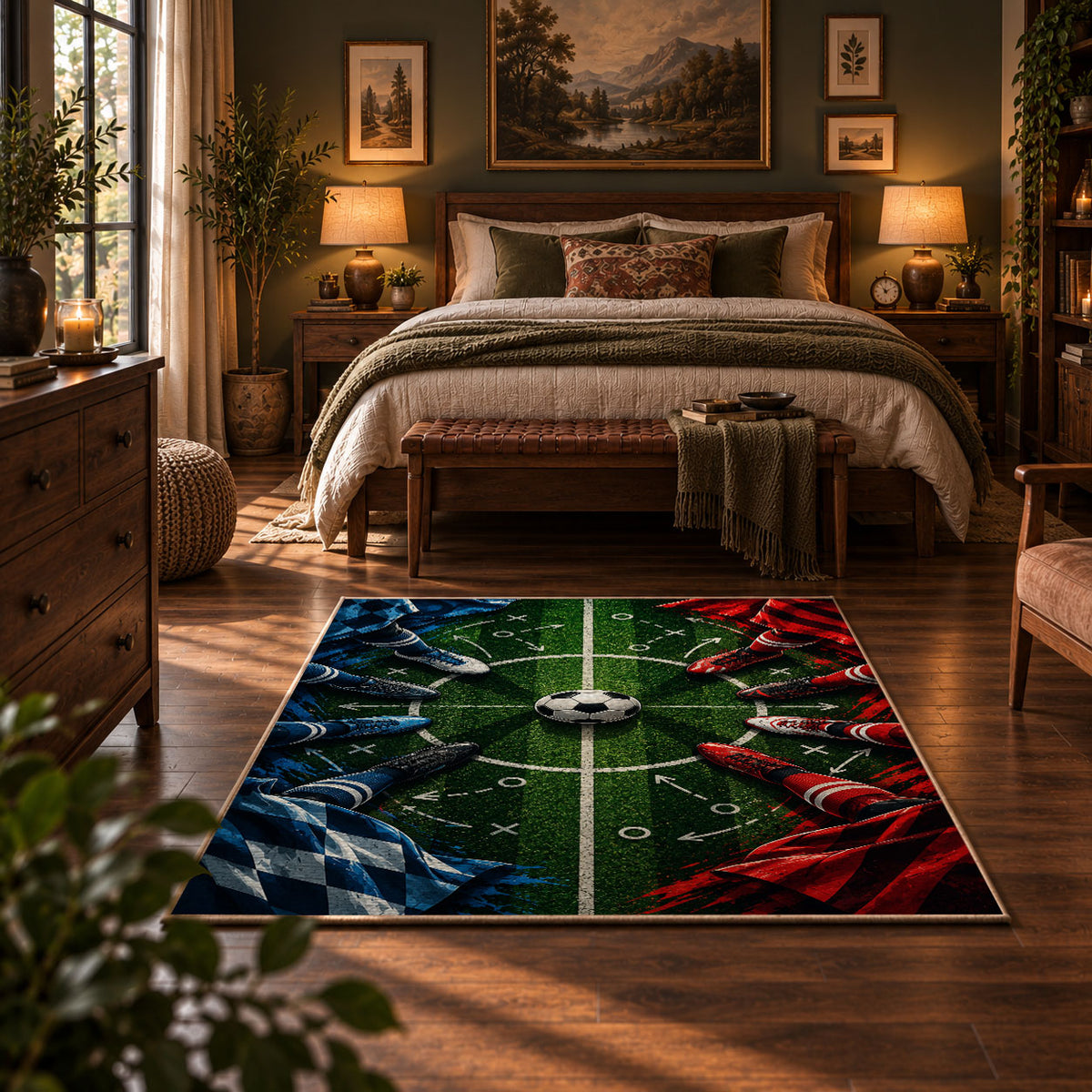 Red and Blue Midfield Football Area Rug styled in a bedroom corner
