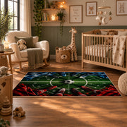 Red and Blue Midfield Football Area Rug styled in a nursery room
