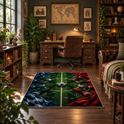 Red and Blue Midfield Football Area Rug styled in a home office