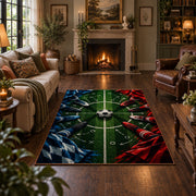 Red and Blue Midfield Football Area Rug styled in a living room