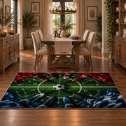 Red and Blue Midfield Football Area Rug styled in a dining room