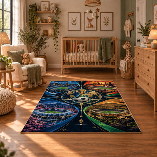 Color Spectrum Soccer Ball Area Rug styled in a cozy nursery