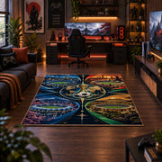 Color Spectrum Soccer Ball Area Rug styled in a gaming room