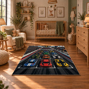 Triple Race Cars Neon Speedway Area Rug styled in a cozy nursery