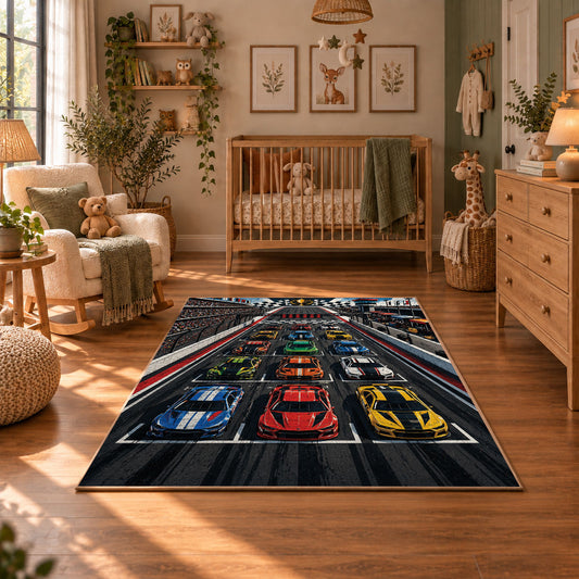 Triple Race Cars Neon Speedway Area Rug styled in a cozy nursery