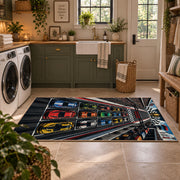 Triple Race Cars Neon Speedway Area Rug styled in a modern laundry room