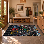 Triple Race Cars Neon Speedway Area Rug styled in a welcoming entryway