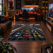 Triple Race Cars Neon Speedway Area Rug styled in a gaming room