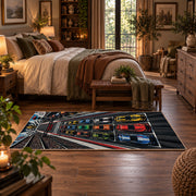 Triple Race Cars Neon Speedway Area Rug styled in a main bedroom