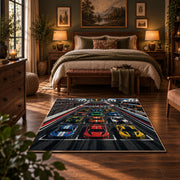 Triple Race Cars Neon Speedway Area Rug styled in a bedroom corner