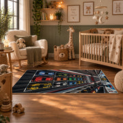 Triple Race Cars Neon Speedway Area Rug styled in a nursery room