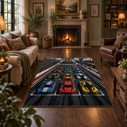Triple Race Cars Neon Speedway Area Rug styled in a living room