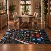 Triple Race Cars Neon Speedway Area Rug styled in a dining room