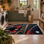 Red Stock Car Speed Lines Area Rug styled in a modern laundry room