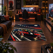 Red Stock Car Speed Lines Area Rug styled in a gaming room