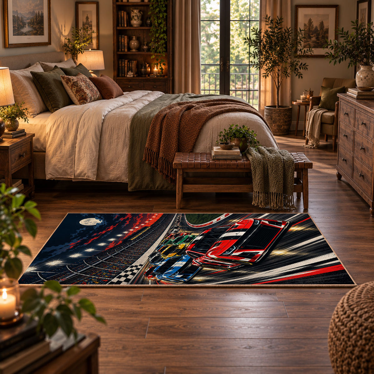 Red Stock Car Speed Lines Area Rug styled in a main bedroom
