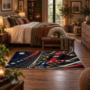 Red Stock Car Speed Lines Area Rug styled in a main bedroom