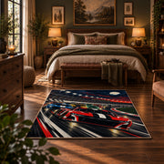 Red Stock Car Speed Lines Area Rug styled in a bedroom corner