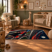 Red Stock Car Speed Lines Area Rug styled in a nursery room