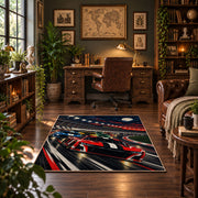 Red Stock Car Speed Lines Area Rug styled in a home office