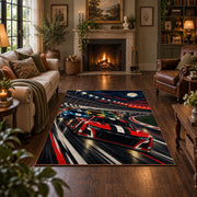 Red Stock Car Speed Lines Area Rug styled in a living room
