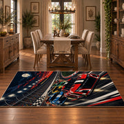 Red Stock Car Speed Lines Area Rug styled in a dining room