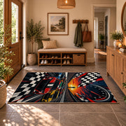 Checkered Finish Red Race Car Area Rug styled in a welcoming entryway
