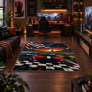 Checkered Finish Red Race Car Area Rug styled in a gaming room
