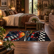 Checkered Finish Red Race Car Area Rug styled in a main bedroom