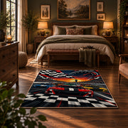 Checkered Finish Red Race Car Area Rug styled in a bedroom corner