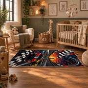 Checkered Finish Red Race Car Area Rug styled in a nursery room