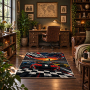 Checkered Finish Red Race Car Area Rug styled in a home office