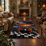 Checkered Finish Red Race Car Area Rug styled in a living room