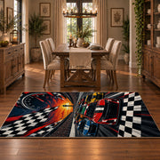 Checkered Finish Red Race Car Area Rug styled in a dining room