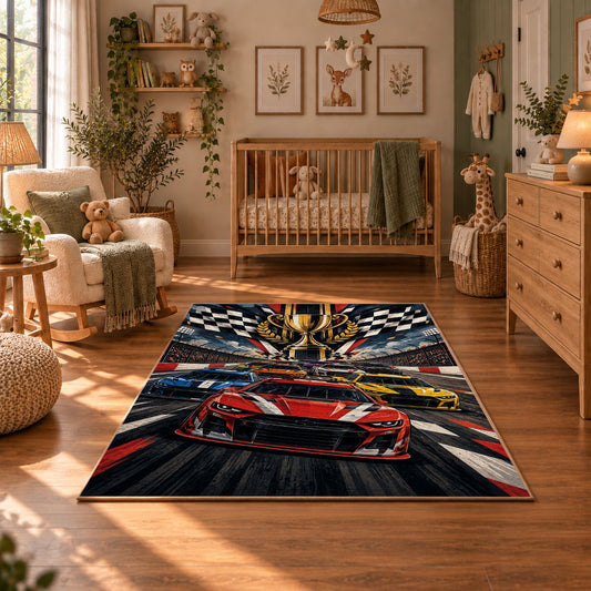 Champion Wings Racing Car Area Rug styled in a cozy nursery