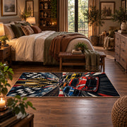 Champion Wings Racing Car Area Rug styled in a main bedroom
