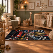 Champion Wings Racing Car Area Rug styled in a nursery room