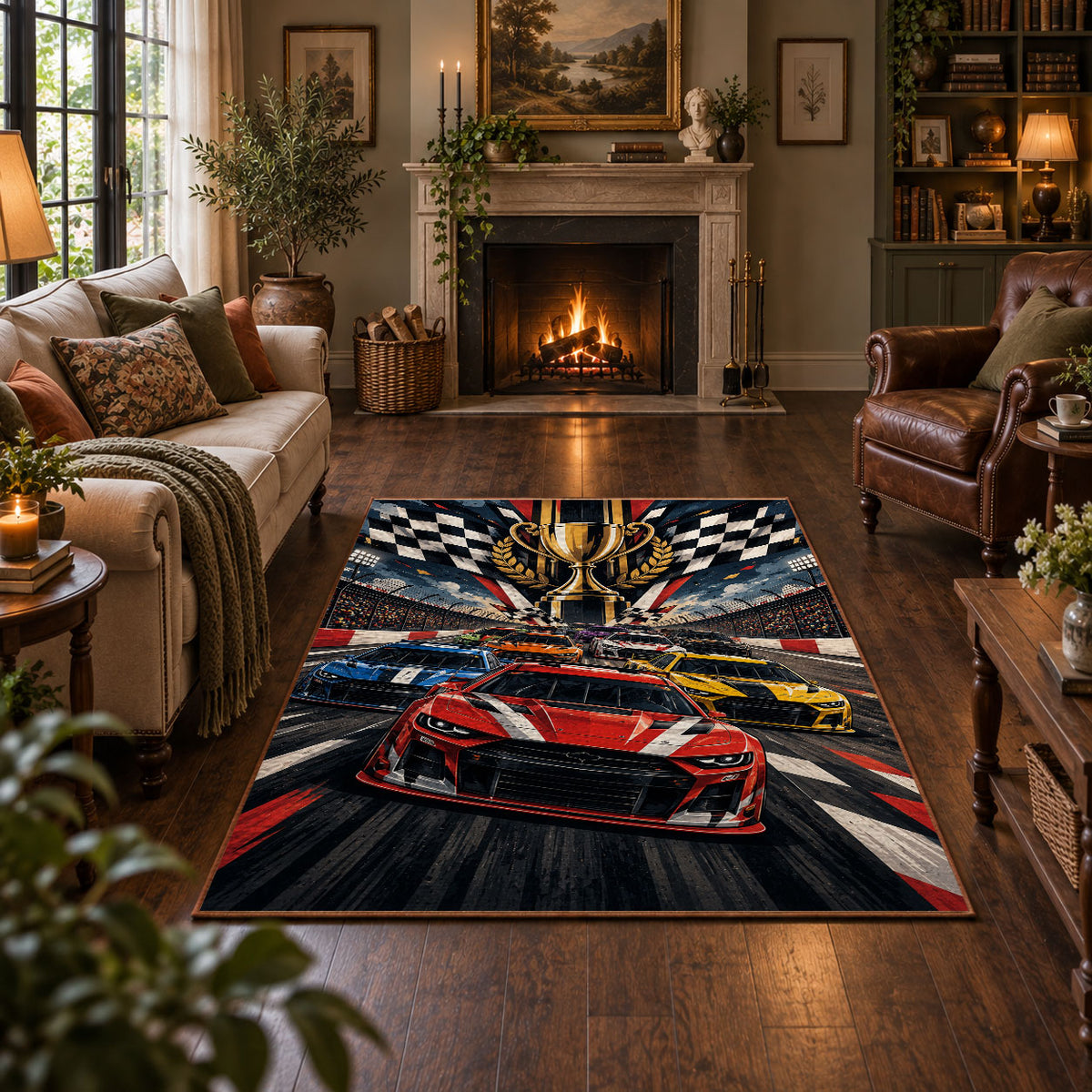 Champion Wings Racing Car Area Rug styled in a living room
