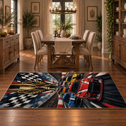 Champion Wings Racing Car Area Rug styled in a dining room