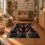Red Track Car Tech Grid Area Rug styled in a cozy nursery