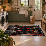 Red Track Car Tech Grid Area Rug styled in a modern laundry room