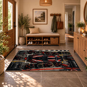 Red Track Car Tech Grid Area Rug styled in a welcoming entryway
