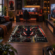 Red Track Car Tech Grid Area Rug styled in a gaming room