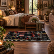 Red Track Car Tech Grid Area Rug styled in a main bedroom