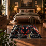 Red Track Car Tech Grid Area Rug styled in a bedroom corner