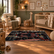 Red Track Car Tech Grid Area Rug styled in a nursery room